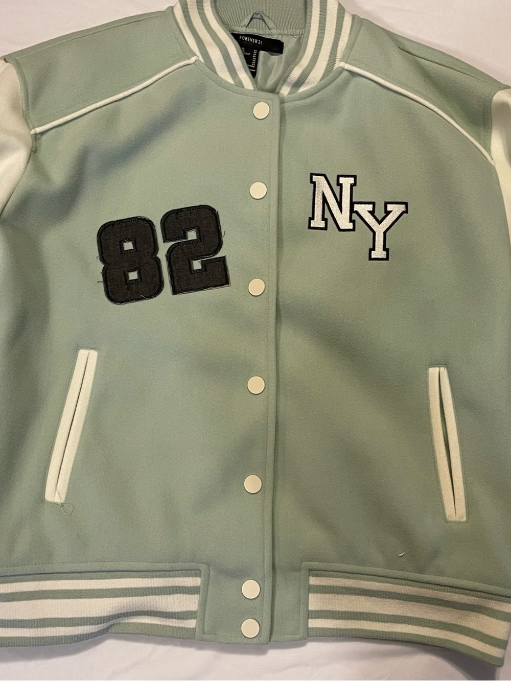 Forever 21 Mint Green & White Varsity Jacket with NY Patch